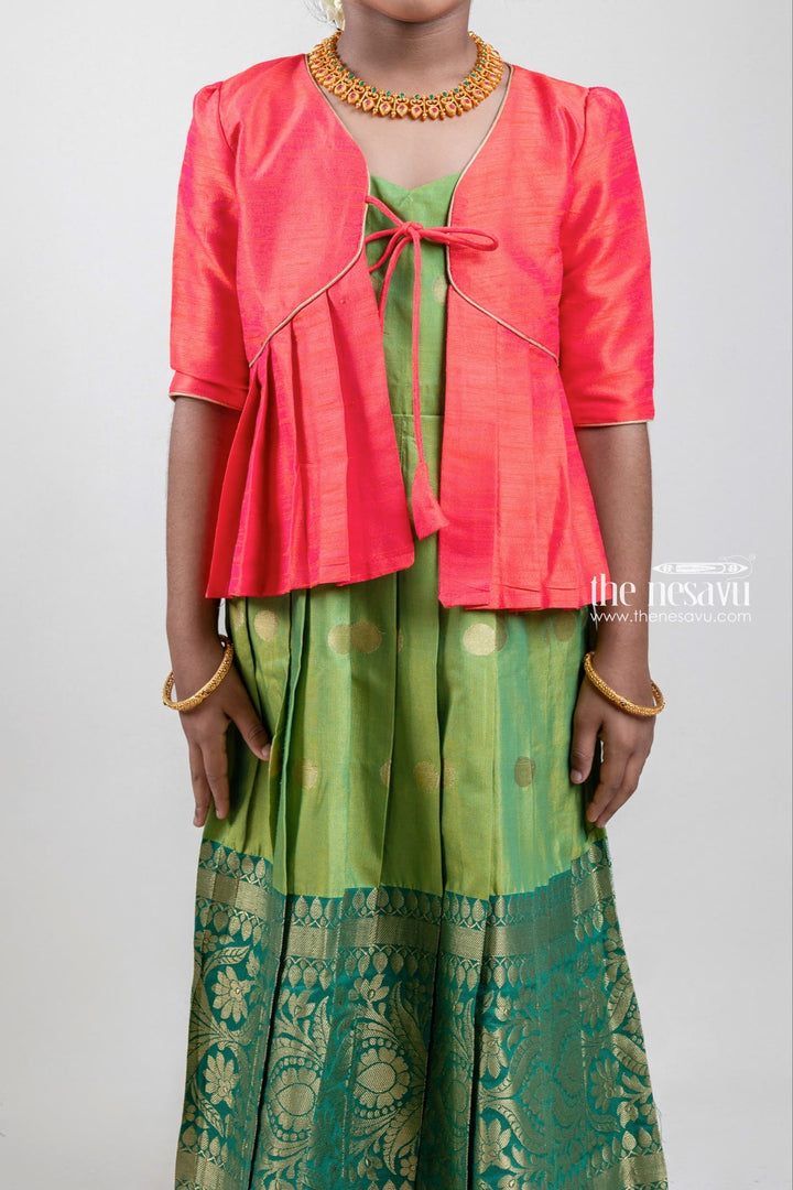 The Nesavu Silk Gown Red Semi-Silk Overcoat and Green Kanchivaram Designer Silk Anarkali Dress Nesavu Red Semi-Silk Overcoat and Green Kanchivaram Designer Silk Anarkali Dress | The Nesavu