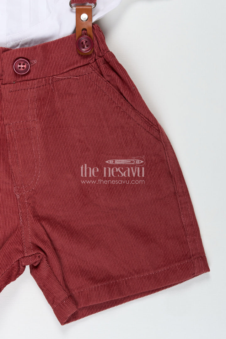 The Nesavu Boys Casual Set Red Shirt and Shorts Set for Boys with Corduroy Bottoms and Cotton Shirt Featuring Pleated Front and Bow Tie Nesavu Nesavu Red Shirt Shorts Set Boys White Cotton Pleated Shirt Corduroy Bottom