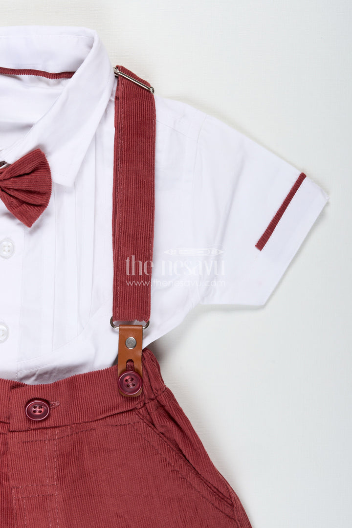 The Nesavu Boys Casual Set Red Shirt and Shorts Set for Boys with Corduroy Bottoms and Cotton Shirt Featuring Pleated Front and Bow Tie Nesavu Nesavu Red Shirt Shorts Set Boys White Cotton Pleated Shirt Corduroy Bottom