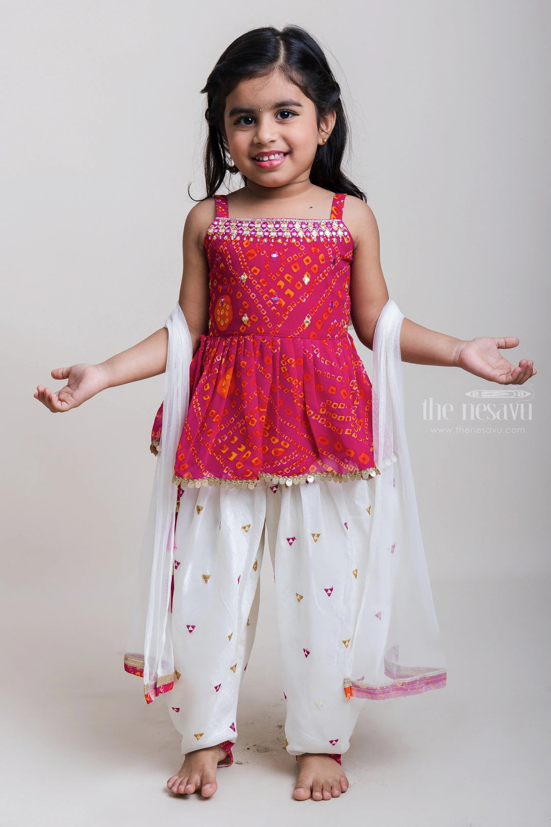 The Nesavu Girls Dothi Sets Red Short Tops With Mirror Embroidered Patiala Pants For Girls Nesavu 16 (1Y) / Pink GPS110B-16 Traditional Short Tops And Patiala Pants| New Collection| The Nesavu