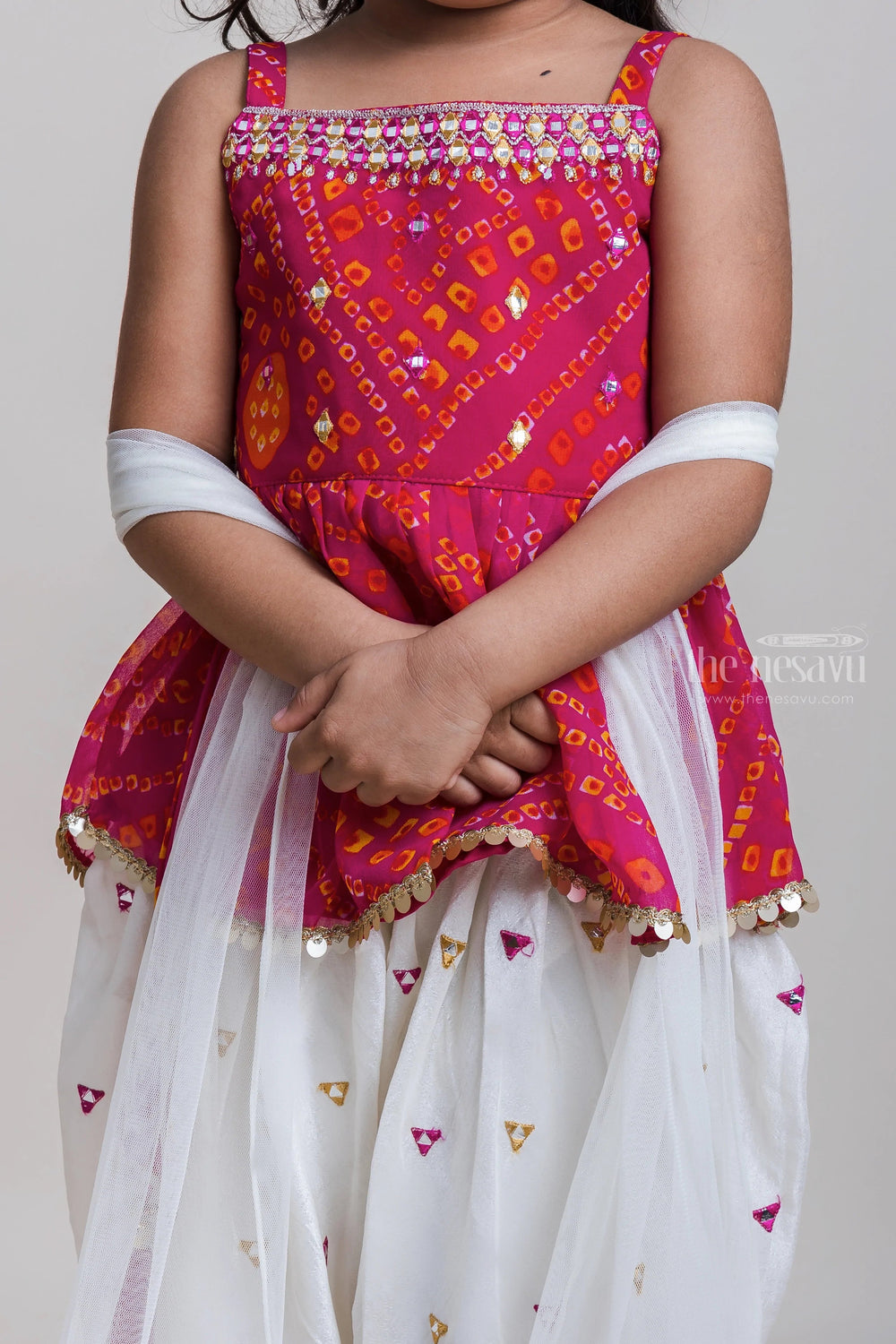 The Nesavu Girls Dothi Sets Red Short Tops With Mirror Embroidered Patiala Pants For Girls Nesavu Traditional Short Tops And Patiala Pants| New Collection| The Nesavu