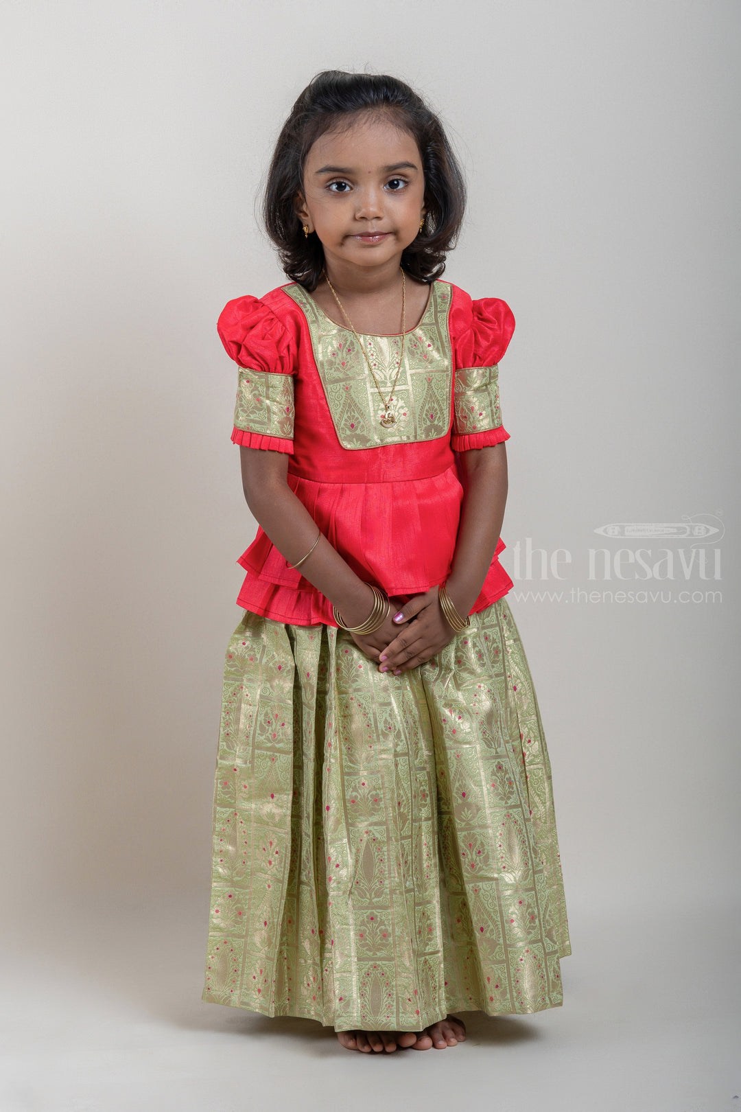 The Nesavu Pattu Pavadai Red Silk Blouse N Green Pattu Pavadai with zari Banarasi Design For Girls Nesavu 16 (1Y) / Red / Jacquard GPP279B-16 Traditional Pattu Pavadai For Girls | Latest Banarasi Design | The Nesavu