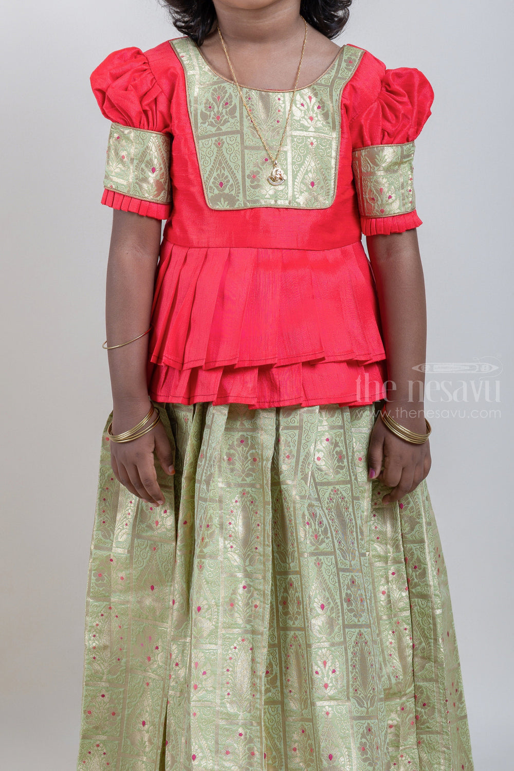 The Nesavu Pattu Pavadai Red Silk Blouse N Green Pattu Pavadai with zari Banarasi Design For Girls Nesavu Traditional Pattu Pavadai For Girls | Latest Banarasi Design | The Nesavu