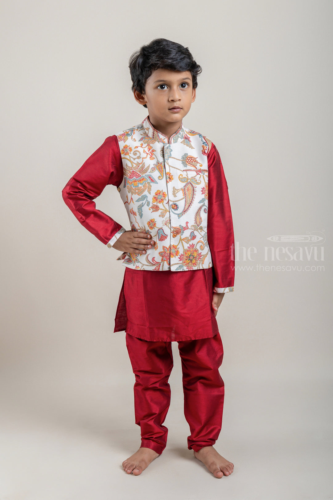 The Nesavu Boys Jacket Sets Red Silk Cotton Mandarin Collar Kurta and Pant with Floral Printed Half White Overcoat Set for Boys Nesavu Shop Red Silk Cotton Kurta Sets with Floral Printed Overcoat for Boys | Festive and Party Wear | The Nesavu