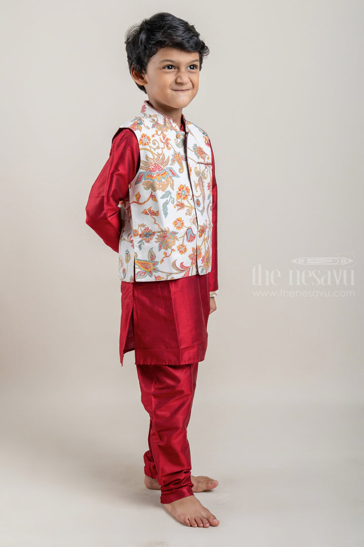 The Nesavu Boys Jacket Sets Red Silk Cotton Mandarin Collar Kurta and Pant with Floral Printed Half White Overcoat Set for Boys Nesavu Shop Red Silk Cotton Kurta Sets with Floral Printed Overcoat for Boys | Festive and Party Wear | The Nesavu