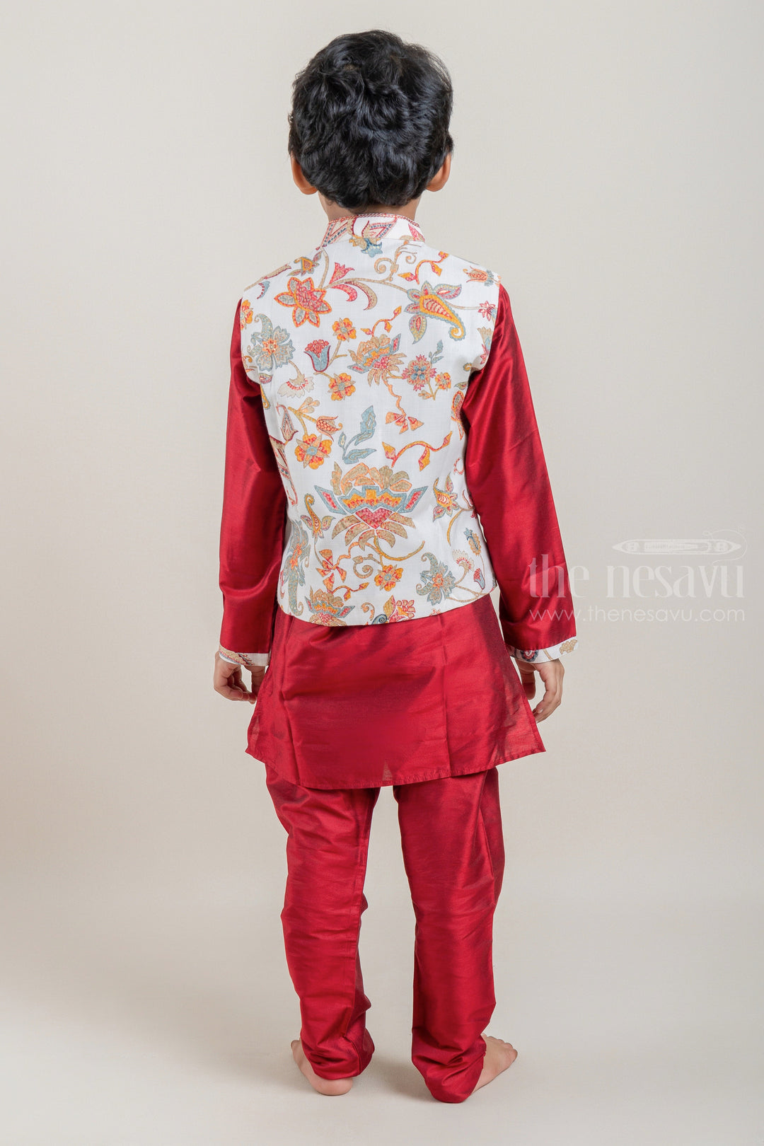 The Nesavu Ethnic Sets Red Silk Cotton Mandarin Collar Kurta and Pant with Floral Printed Half White Overcoat Set for Boys psr silks Nesavu