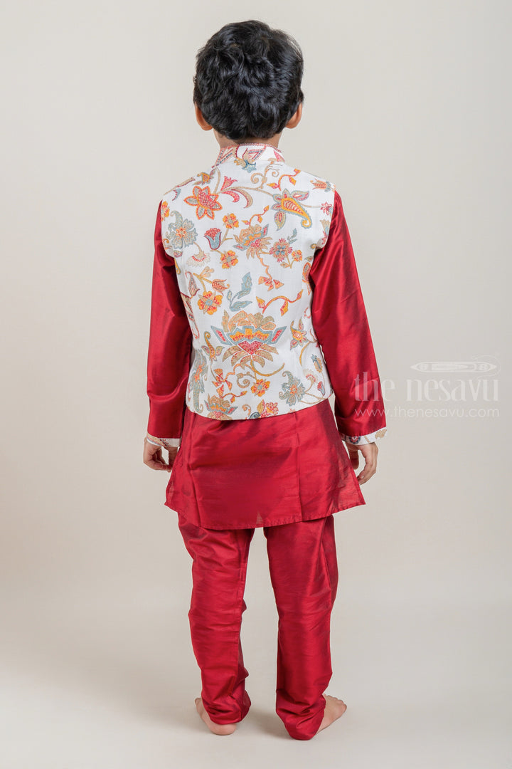 The Nesavu Ethnic Sets Red Silk Cotton Mandarin Collar Kurta and Pant with Floral Printed Half White Overcoat Set for Boys psr silks Nesavu