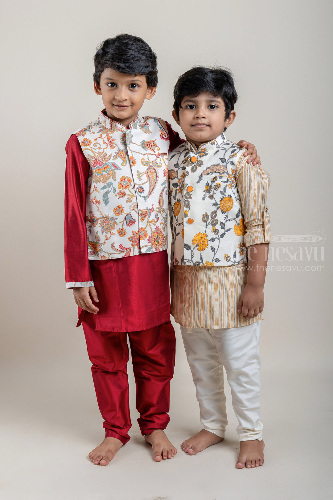 The Nesavu Ethnic Sets Red Silk Cotton Mandarin Collar Kurta and Pant with Floral Printed Half White Overcoat Set for Boys psr silks Nesavu