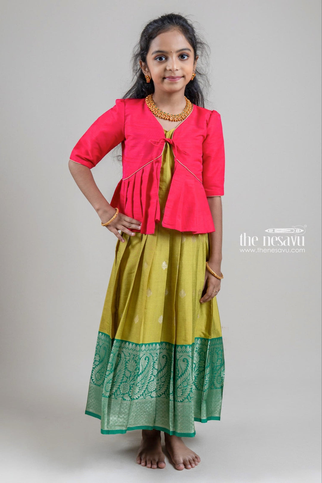 The Nesavu Silk Gown Red Silk Cotton Overcoat with Knife Pleated and Green Butta Printed Silk Cotton Gown Nesavu 14 (6M) / Green / Cotton Silk GA139A-14 Girls Casual Cotton Wear Collection | The Nesavu