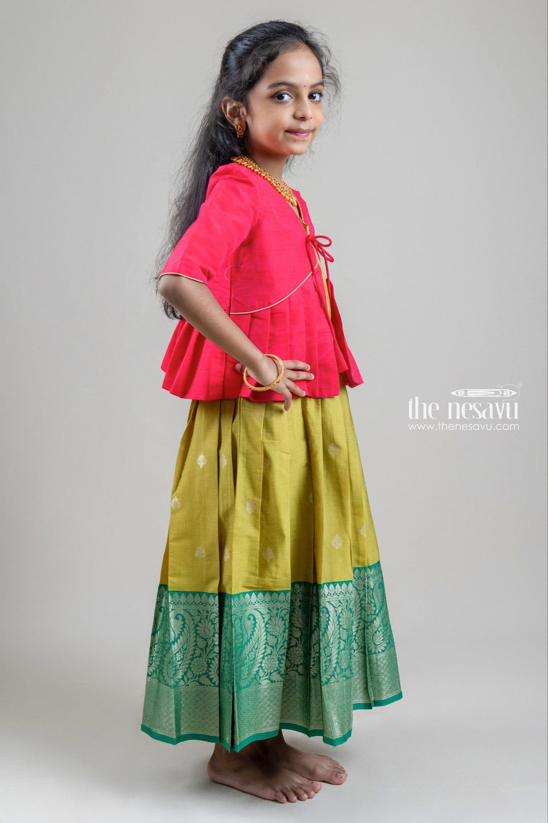 The Nesavu Silk Gown Red Silk Cotton Overcoat with Knife Pleated and Green Butta Printed Silk Cotton Gown Nesavu Girls Casual Cotton Wear Collection | The Nesavu