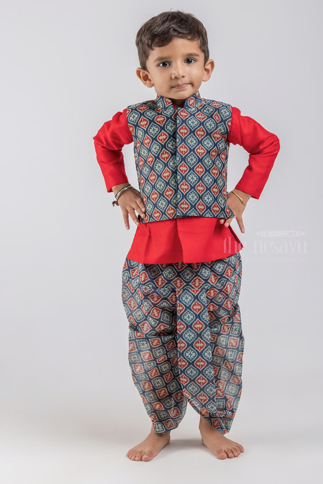 The Nesavu Boys Dothi Set Red Solid Silk Cotton Kurta with Blue Mughal Printed Dhoti and Overcoat for Boys psr silks Nesavu 10 (NB) / Blue / Silk Cotton BES354A