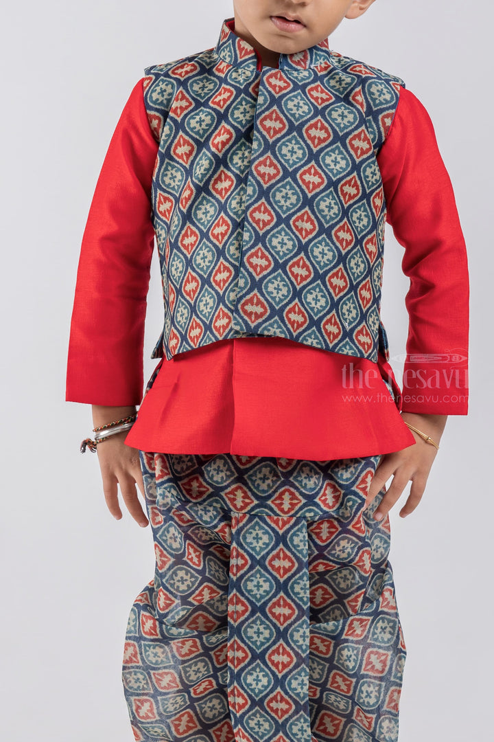 The Nesavu Boys Dothi Set Red Solid Silk Cotton Kurta with Blue Mughal Printed Dhoti and Overcoat for Boys psr silks Nesavu