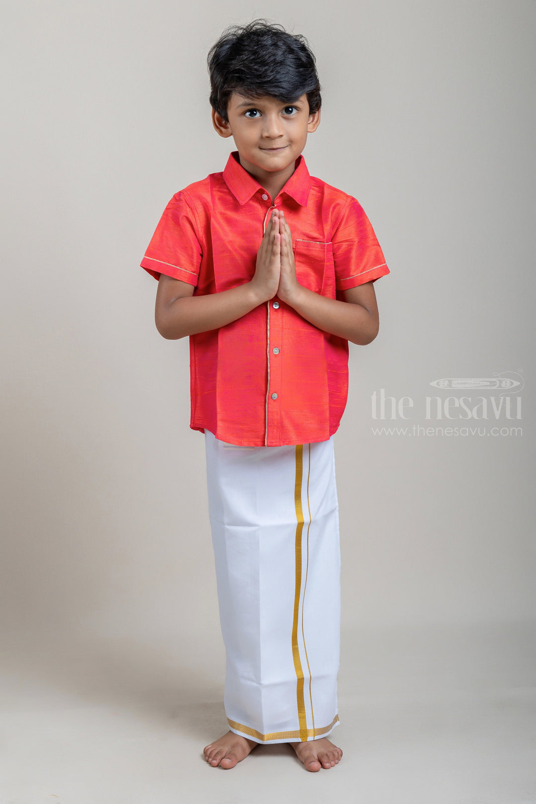 The Nesavu Boys Shirts Red Traditional Boys Pattu Silk Shirt psr silks Nesavu 14 (6M) / Red BS025A