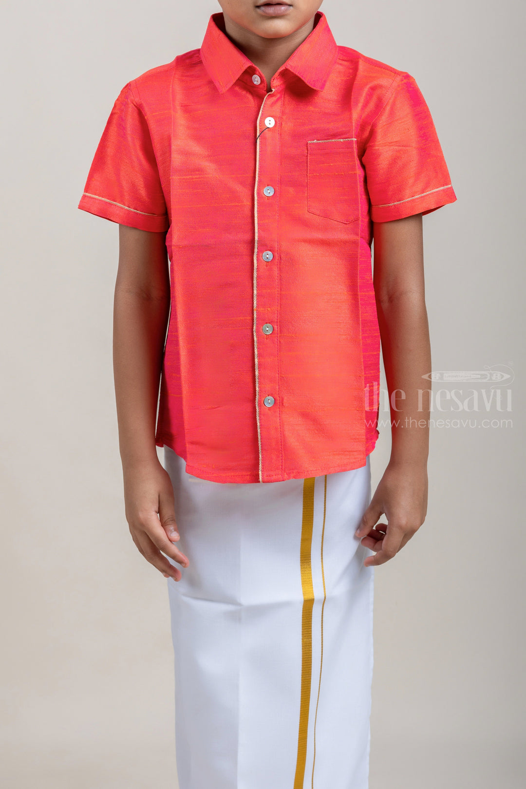 The Nesavu Boys Shirts Red Traditional Boys Pattu Silk Shirt psr silks Nesavu