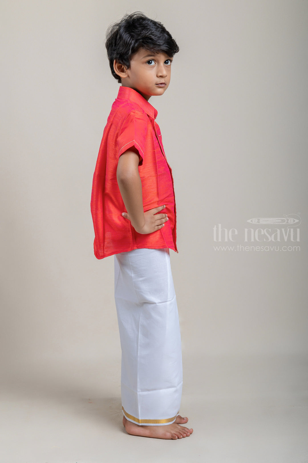 The Nesavu Boys Shirts Red Traditional Boys Pattu Silk Shirt psr silks Nesavu