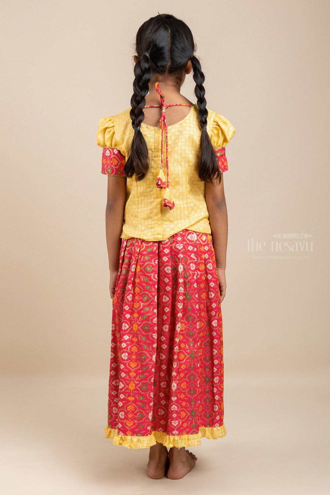 The Nesavu Pattu Pavadai Red Wine Poochampally Pattu Pavadai With Sandal Pin-Tucked Blouse Nesavu Indian Ikat Print Pattu Pavada | Ikat Silk Skirts And Top | The Nesavu