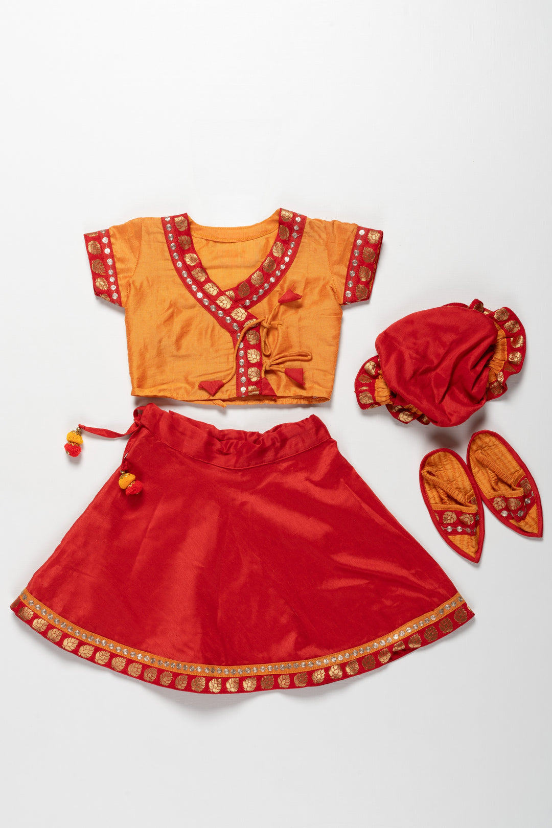 The Nesavu Girls Lehenga Choli Red With Mustard Designer Silk Party Wear Choli Dress Attached Cap Nesavu 10 (NB) / Red GL232-10 Designer Party Wear Collections Online | Ethnic Outfit Ideas | The Nesavu