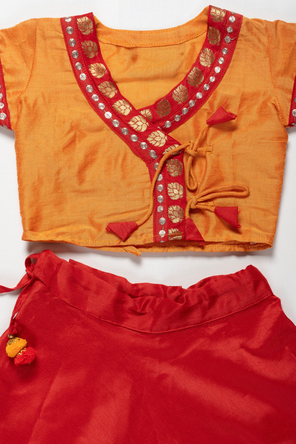 The Nesavu Girls Lehenga Choli Red With Mustard Designer Silk Party Wear Choli Dress Attached Cap Nesavu Designer Party Wear Collections Online | Ethnic Outfit Ideas | The Nesavu