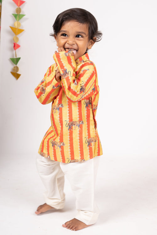 The Nesavu Boys Kurtha Set Red with Yellow Striped Designer Printed Cotton Kurta for Baby Boys Nesavu 14 (6M) / Yellow / Modal BES140-14 Shop Ethnic Kurta For Boys Online | The Nesavu