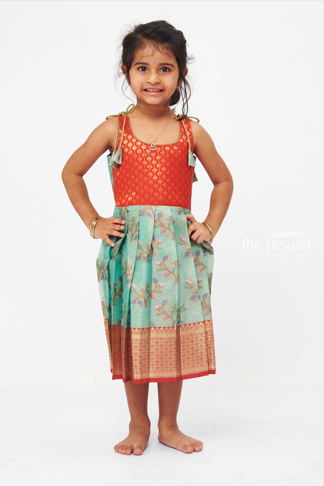 The Nesavu Tie-up Frock Red Yoke And Floral Printed Brocade Designer Tie-Up Frocks For Little Girls Nesavu 16 (1Y) / Red T265C-16 Semi-Silk Tie-up Frocks For Girls| Pongal Collection| The Nesavu