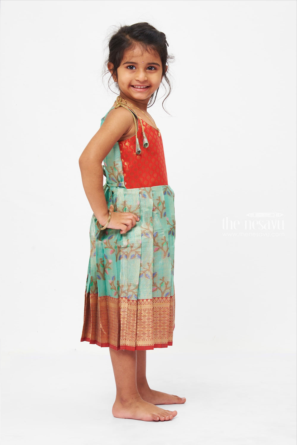 The Nesavu Tie-up Frock Red Yoke And Floral Printed Brocade Designer Tie-Up Frocks For Little Girls Nesavu Semi-Silk Tie-up Frocks For Girls| Pongal Collection| The Nesavu