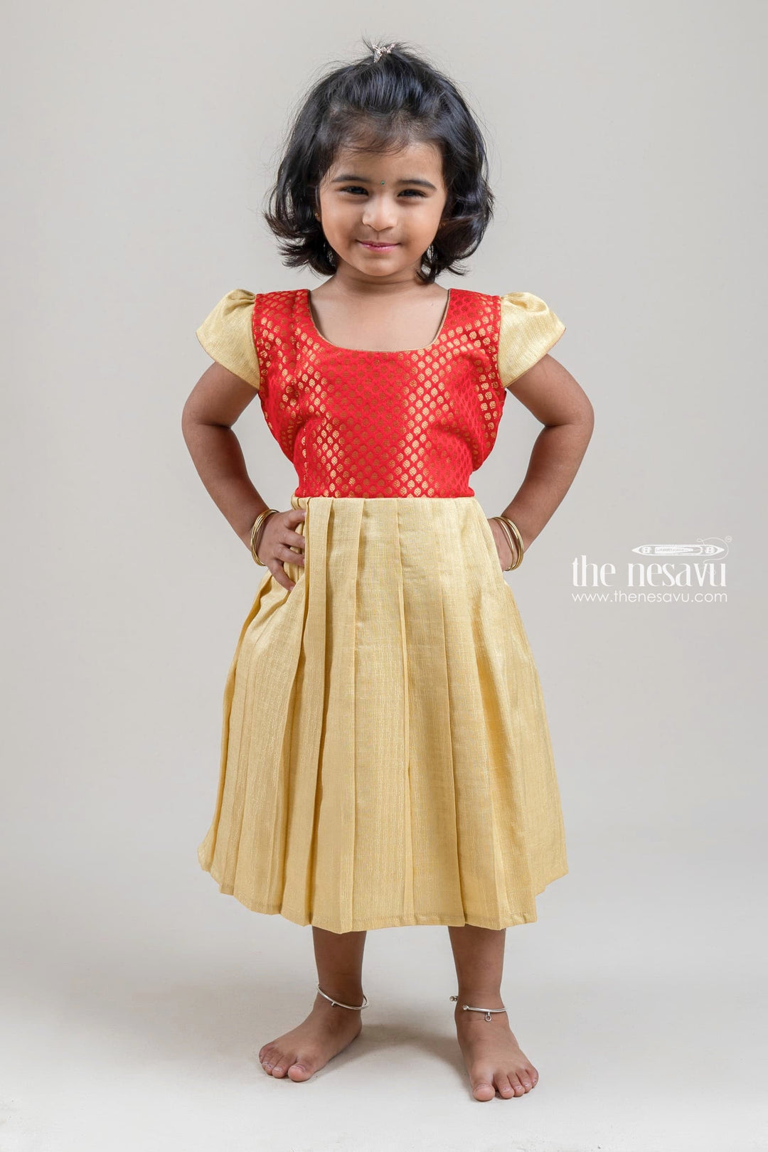 The Nesavu Silk Frock Red Zari Brocade Designer Silk Yoke N Pleated Beige Cotton Silk Frock for Girls Nesavu 16 (1Y) / Beige / Silk Blend SF583-16 Buy Red Zari Brocade Designer Silk Yoke and Beige Cotton Silk Frock for Girls | The Nesavu