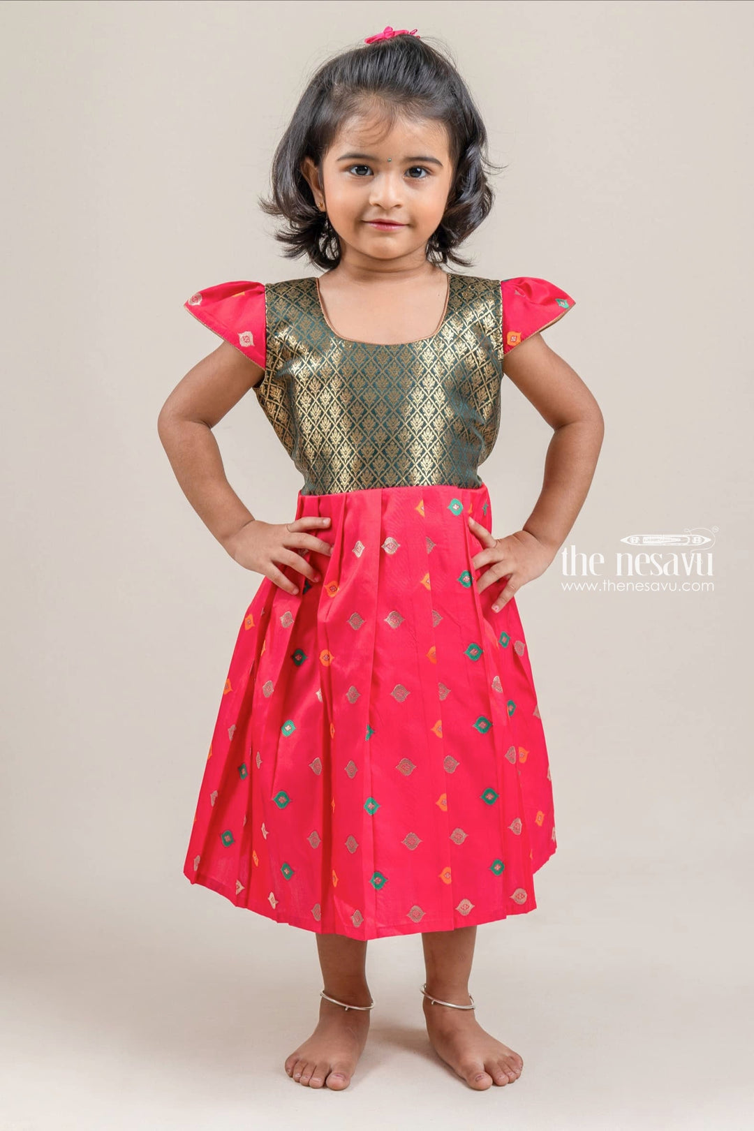 The Nesavu Silk Frock Red Zari Brocade Designer Yoke and Knife Pleated Butta Printed Silk Frock for Girls Nesavu 14 (6M) / Red / Silk Blend SF577-14 Buy Red Zari Brocade Designer Yoke and Butta Printed Silk Frock for Girls | The Nesavu