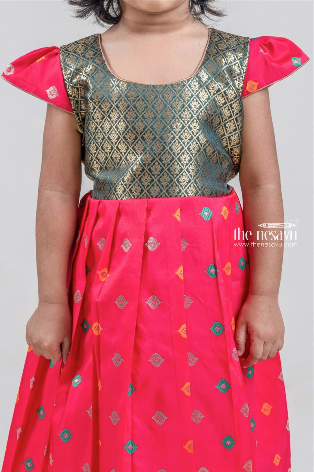 The Nesavu Silk Frock Red Zari Brocade Designer Yoke and Knife Pleated Butta Printed Silk Frock for Girls Nesavu Buy Red Zari Brocade Designer Yoke and Butta Printed Silk Frock for Girls | The Nesavu