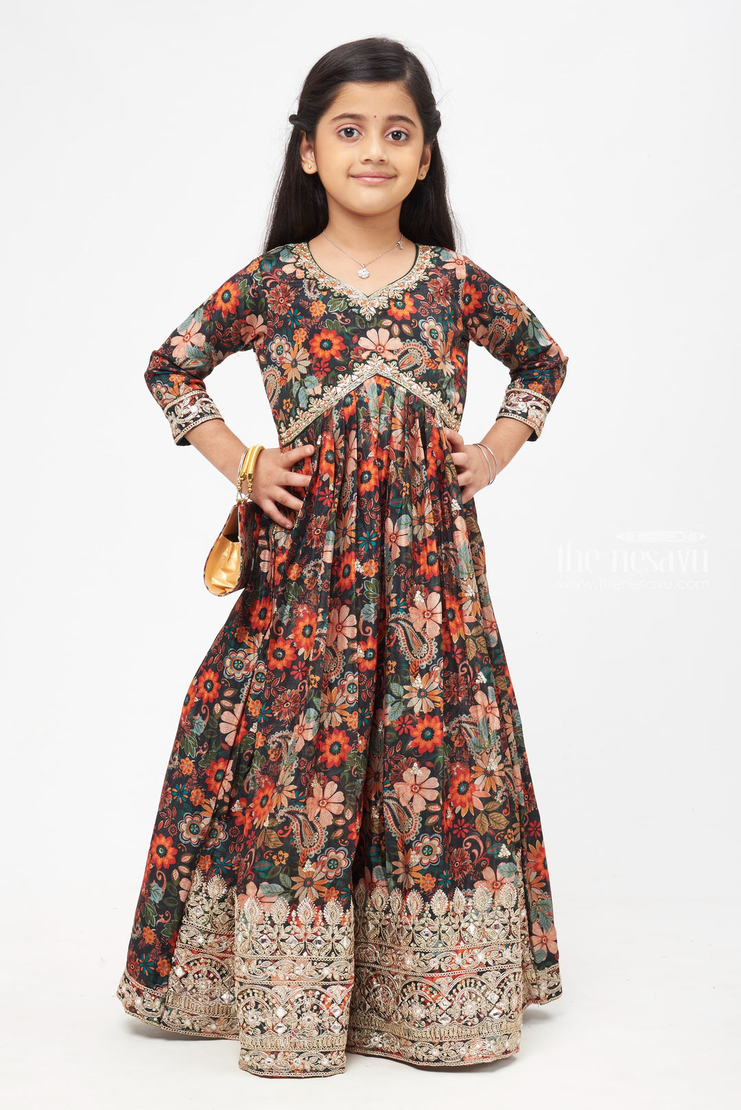 The Nesavu Girls Party Gown Regal Botanical Diwali Anarkali Gown with Intricate Silver Accents for Girls Nesavu 16 (1Y) / Green / Organza Printed GA172A-16 Floral Designer Anarkali Gown | Diwali Special Festive Collection for Girls | The Nesavu