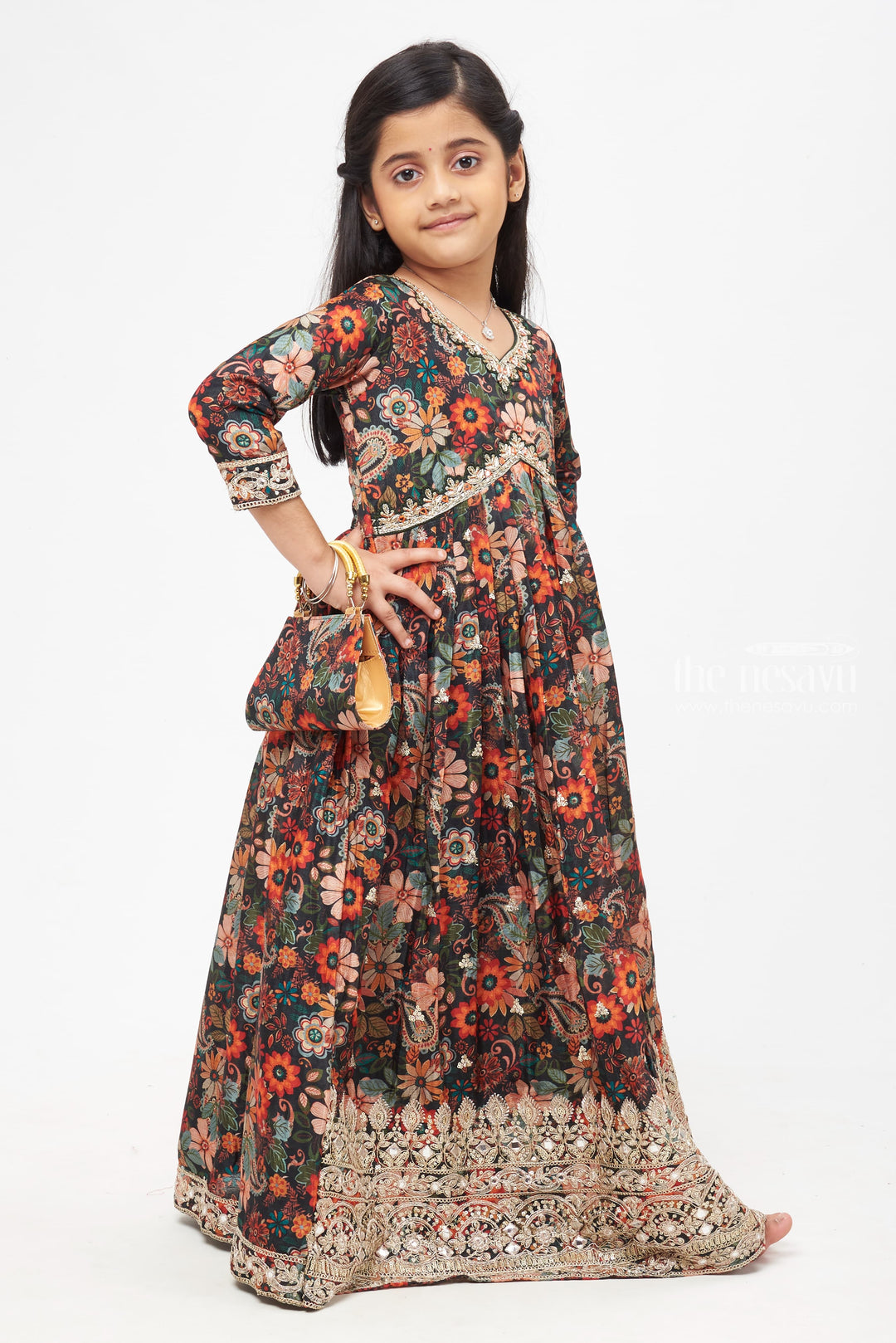 The Nesavu Girls Party Gown Regal Botanical Diwali Anarkali Gown with Intricate Silver Accents for Girls Nesavu Floral Designer Anarkali Gown | Diwali Special Festive Collection for Girls | The Nesavu
