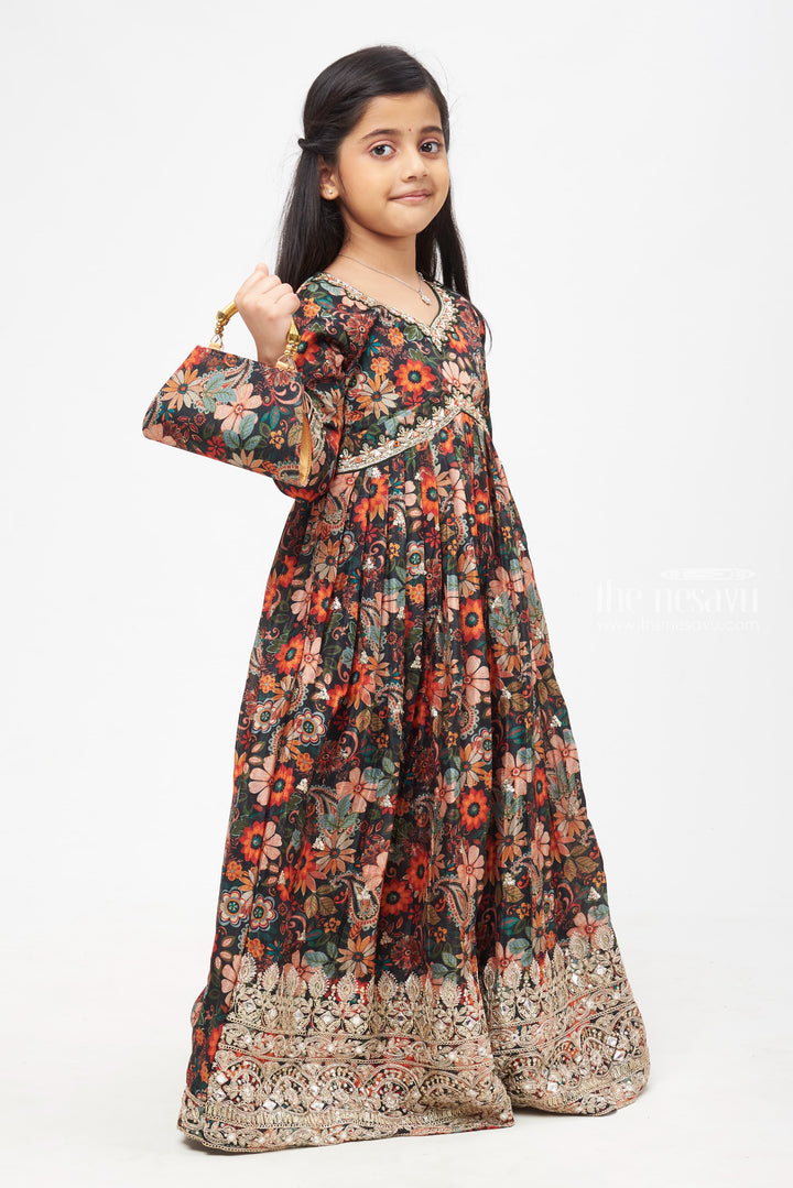 The Nesavu Girls Party Gown Regal Botanical Diwali Anarkali Gown with Intricate Silver Accents for Girls Nesavu Floral Designer Anarkali Gown | Diwali Special Festive Collection for Girls | The Nesavu