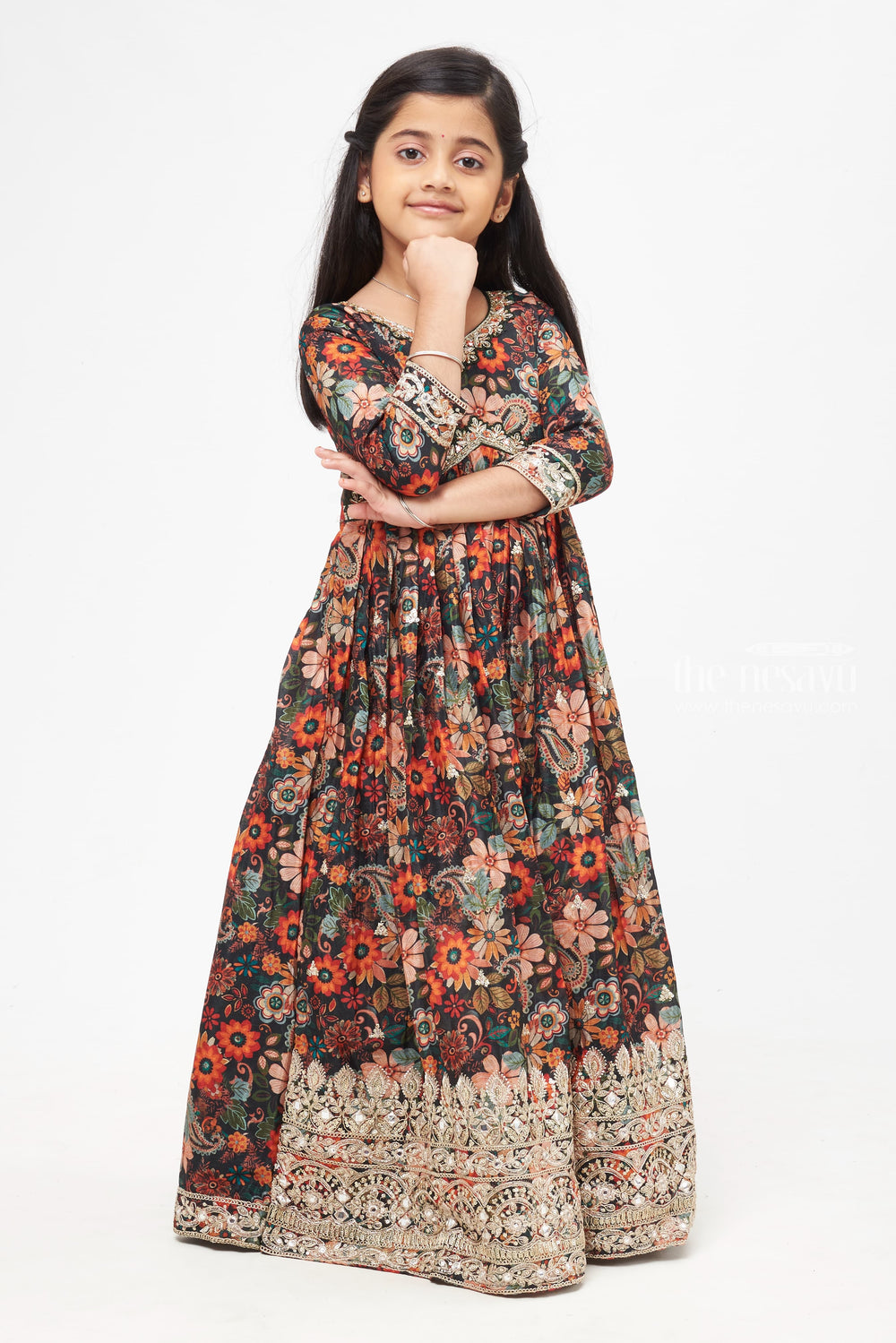 The Nesavu Girls Party Gown Regal Botanical Diwali Anarkali Gown with Intricate Silver Accents for Girls Nesavu Floral Designer Anarkali Gown | Diwali Special Festive Collection for Girls | The Nesavu