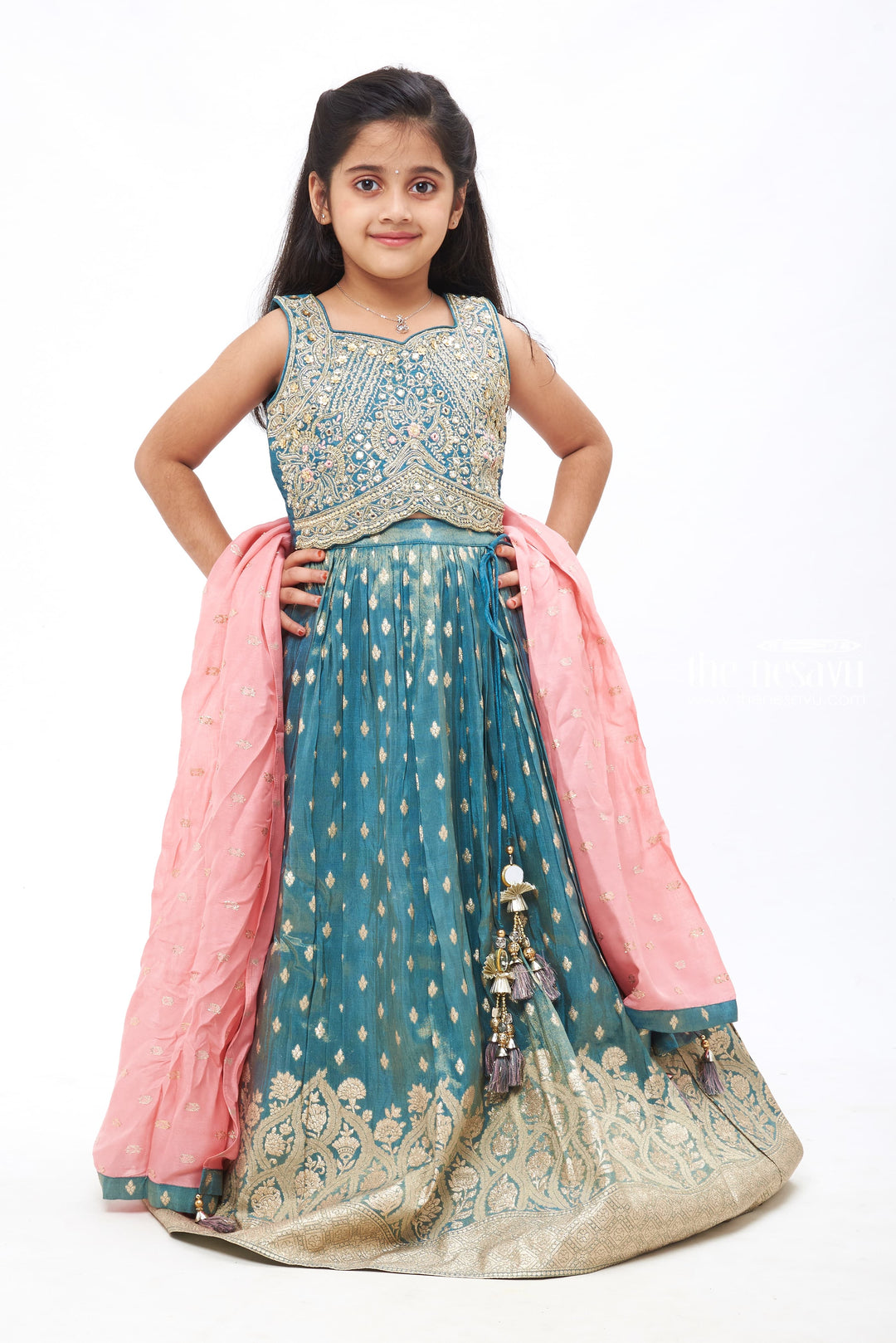 The Nesavu Girls Lehenga Choli Regal Enchantment: Blue Embroidered Lehenga Set with Pink Dupatta Nesavu 24 (5Y) / Blue / Jacquard GL388A-24 Diwali Ready in Style | Beautiful Lehenga Choli with Dupatta for Girls | The Nesavu