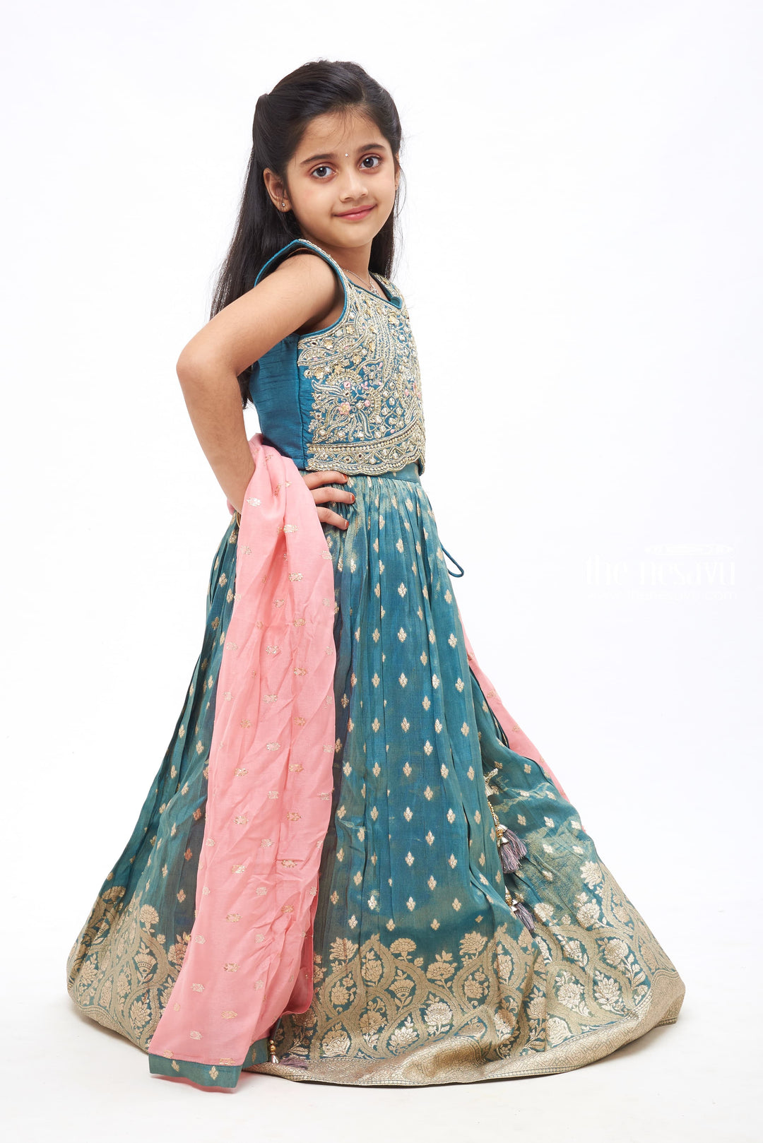 The Nesavu Girls Lehenga Choli Regal Enchantment: Blue Embroidered Lehenga Set with Pink Dupatta Nesavu Diwali Ready in Style | Beautiful Lehenga Choli with Dupatta for Girls | The Nesavu