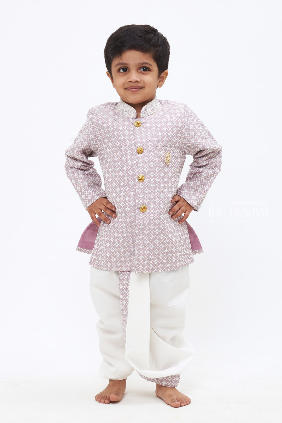 The Nesavu Boys Dothi Set Regal Heritage: Boys Patterned Purple Kurta with White Panchagajam Set Nesavu 12 (3M) / Purple / Blend Silk BES427B-12 Ethnic Elegance for Boys | New Festive Kurta with Dhoti Collections | The Nesavu