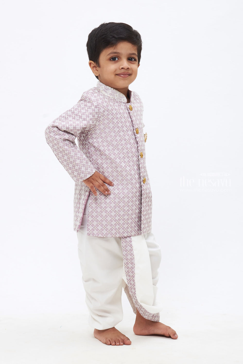 The Nesavu Boys Dothi Set Regal Heritage: Boys Patterned Purple Kurta with White Panchagajam Set Nesavu Ethnic Elegance for Boys | New Festive Kurta with Dhoti Collections | The Nesavu