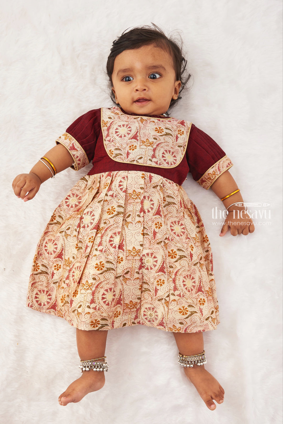 The Nesavu Baby Cotton Frocks Regal Paisley Print Toddler Dress - Maroon Elegance Nesavu 12 (3M) / Maroon / Cotton BFJ493B-12 Toddler's Regal Paisley Print Occasion dress | Premium Baby Girls Frocks | The Nesavu