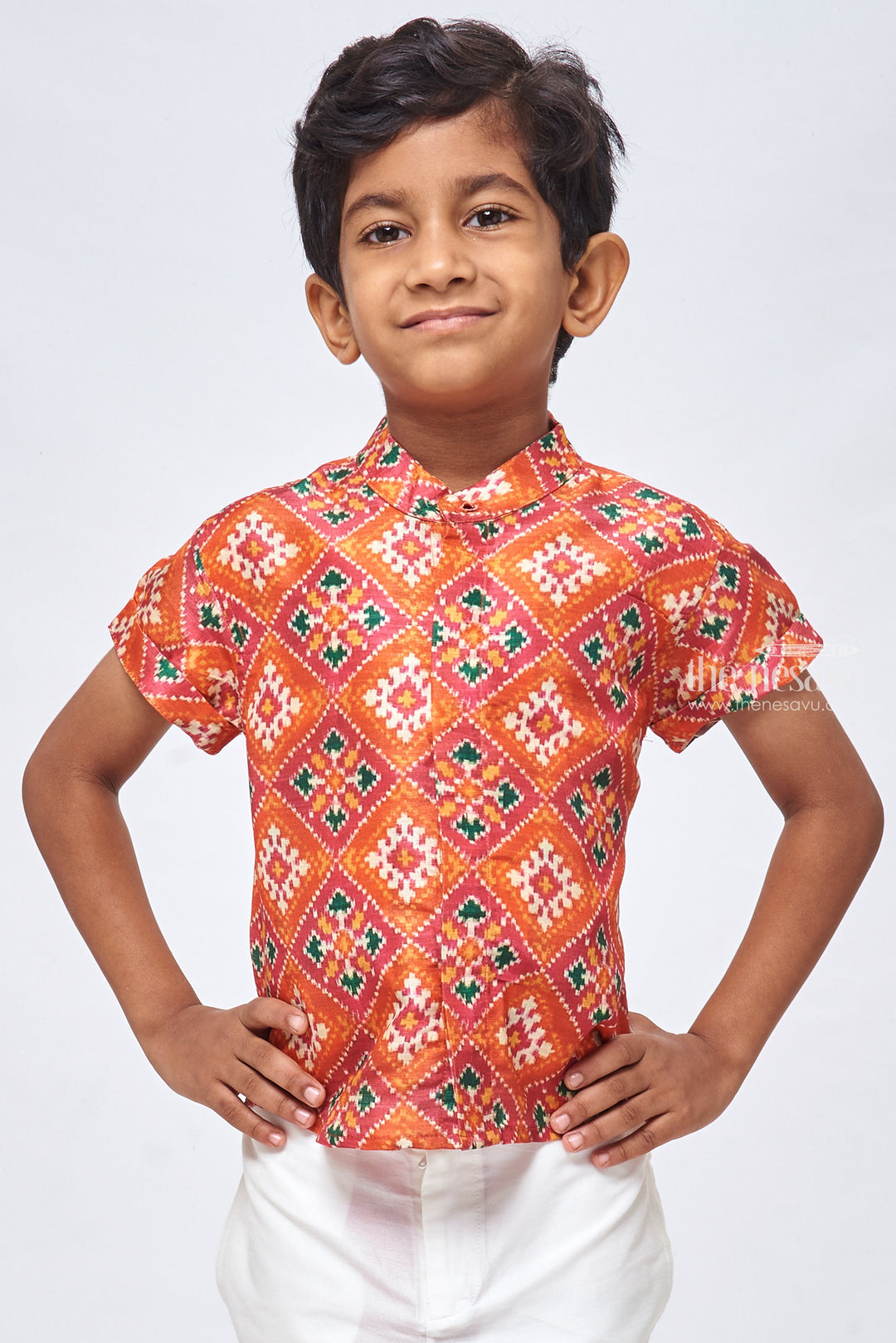 The Nesavu Boys Silk Shirt Regal Patola Silk Boys' Shirts: Luxurious Attire for Special Occasions Nesavu 14 (6M) / Orange / Silk Blend BS048A-14 Boys Patola Printed Shirts Online | Boy Baby shirts | The Nesavu