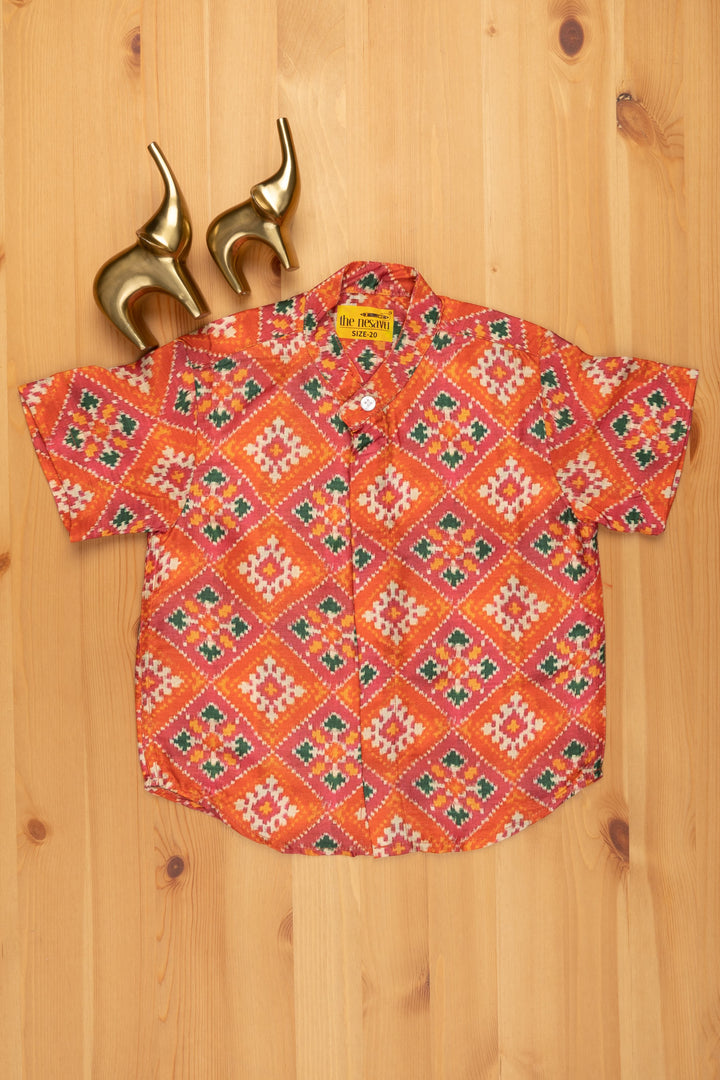 The Nesavu Boys Silk Shirt Regal Patola Silk Boys' Shirts: Luxurious Attire for Special Occasions Nesavu 14 (6M) / Orange / Silk Blend BS048A Boys Patola Printed Shirts Online | Boy Baby shirts | The Nesavu