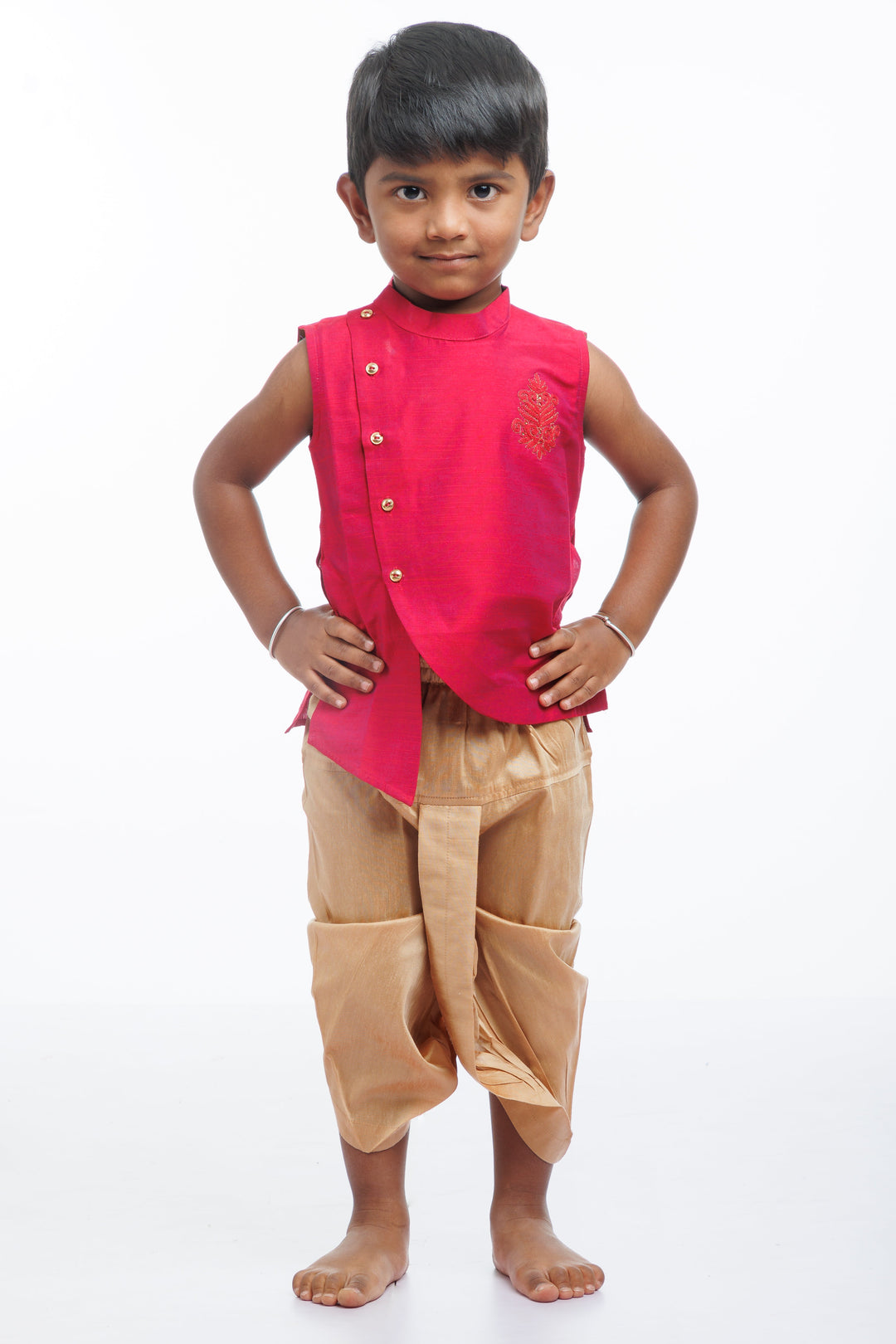 The Nesavu Boys Dothi Set Regal Pink Kurta with Classic Beige Dhoti Pants - Boy's Festive Ensemble Nesavu 12 (3M) / Pink / Blend Silk BES520B-12 Pink and Beige Boys Kurta Dhoti Set | Traditional Wear | The Nesavu