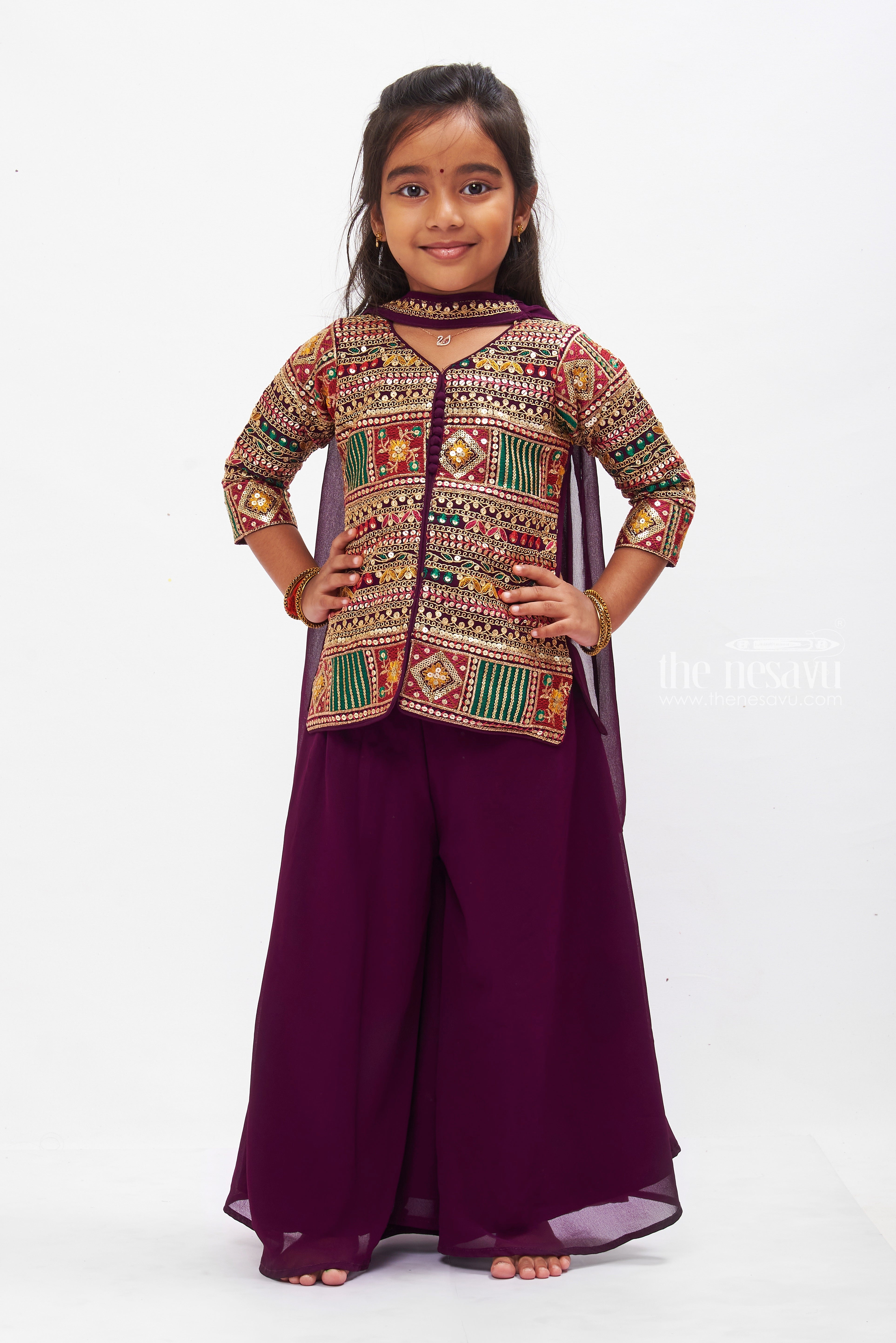 Elegant Purple Ethnic Palazzo Set for Girls Modern Festive Kids Wear The Nesavu The Nesavu