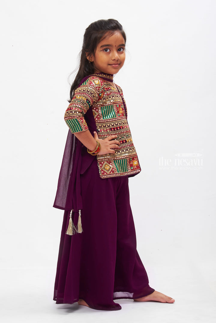 The Nesavu Girls Sharara / Plazo Set Regal Purple Blouse and Palazzo Pant Set for Girls Nesavu Elegant Purple Ethnic Palazzo Set for Girls | Modern Festive Kids Wear | The Nesavu