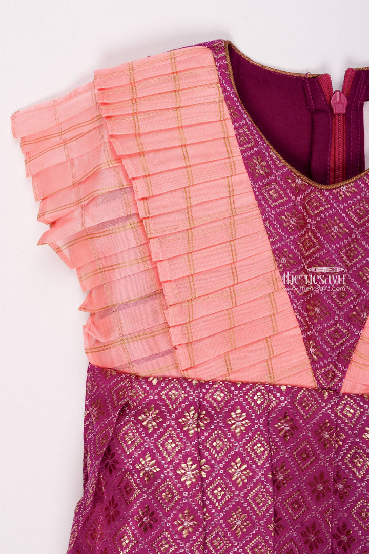 The Nesavu Silk Frock Regal Purple Brocade Elegance Pleated with Salmon Layered Yoke Tradition Meets Modernity for Stylish Girls Nesavu Silk Gown Frock | Silk Pattu Frock Girls | The Nesavu