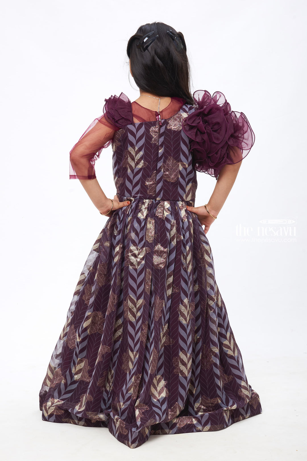 The Nesavu Girls Party Gown Regal Radiance: Mirror Embroidered with Ruffled Purple Party Gown for Girls Nesavu Deep Purple Gown with Mirror Embroidery | Luxurious Party Ensemble for Girls | The Nesavu