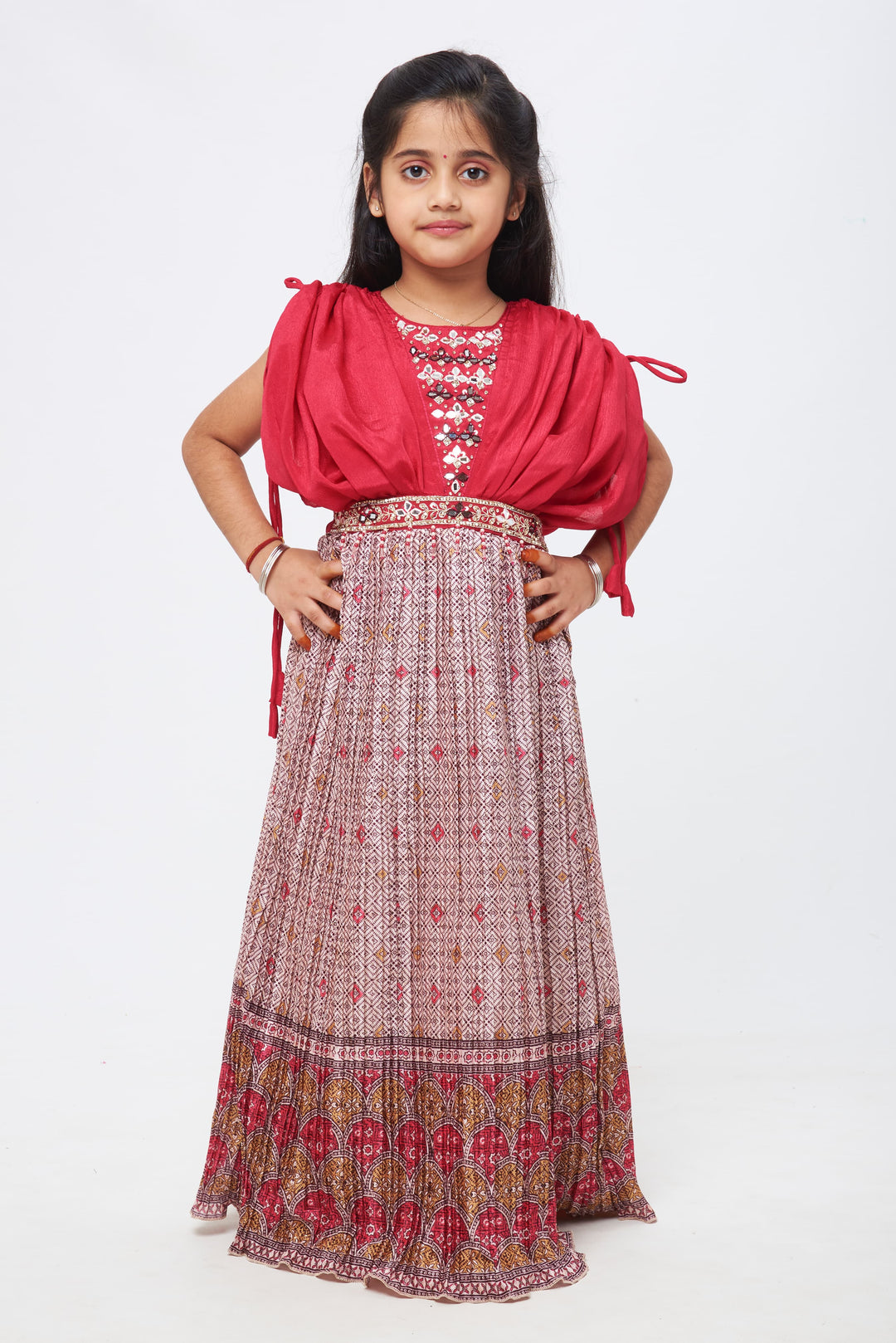 The Nesavu Girls Party Gown Regal Radiance: Puffed-Sleeve Mirror Embellished Traditional Anarkali Gown for Girls Nesavu 20 (3Y) / Red / Chinnon GA143B-20 Regal Layers: Distinctive Anarkali Dresses for Little Girls | The Nesavu