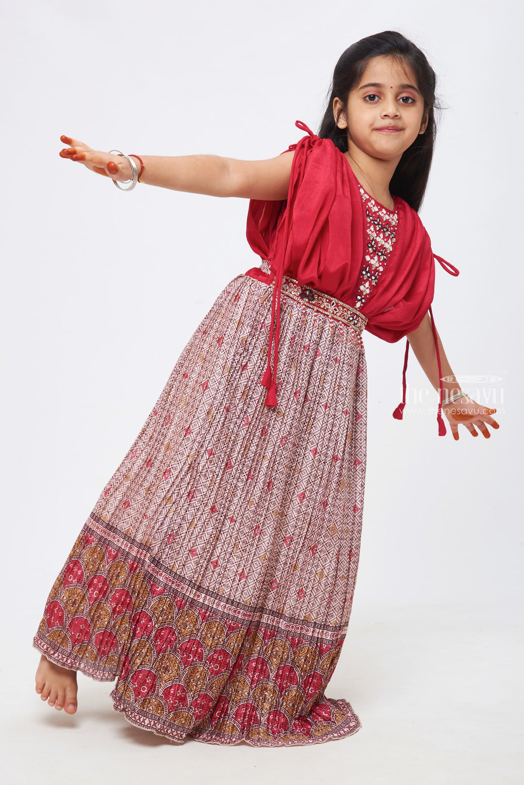 The Nesavu Girls Party Gown Regal Radiance: Puffed-Sleeve Mirror Embellished Traditional Anarkali Gown for Girls Nesavu Regal Layers: Distinctive Anarkali Dresses for Little Girls | The Nesavu