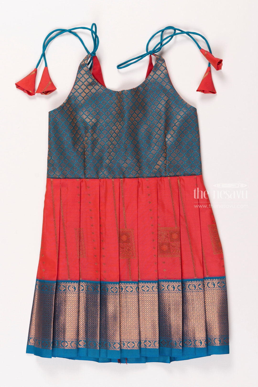 The Nesavu Tie-up Frock Regal Red and Blue Silk Tie-Up Frock for Girls Nesavu Girls Red and Blue Silk Frock | Elegant Tie Up Design | The Nesavu
