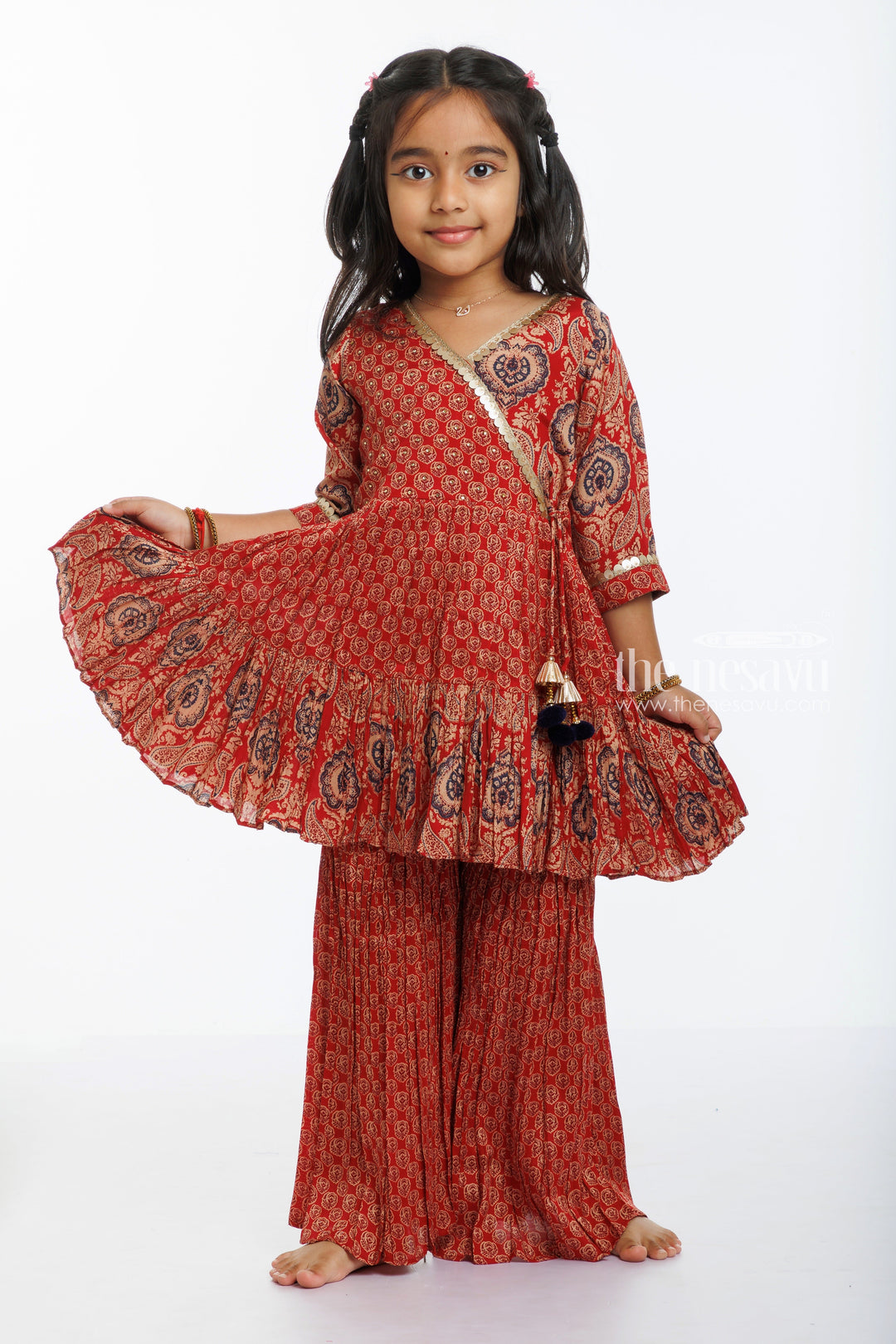 The Nesavu Girls Sharara / Plazo Set Regal Red Ethnic Gharara Set for Girls - Traditional Elegance Redefined Nesavu 16 (1Y) / Red / Modal Chanderi GPS294A-16 Girls' Ethnic Gharara Sets in Red | Shop the Latest in Traditional Kids' Fashion | The Nesavu