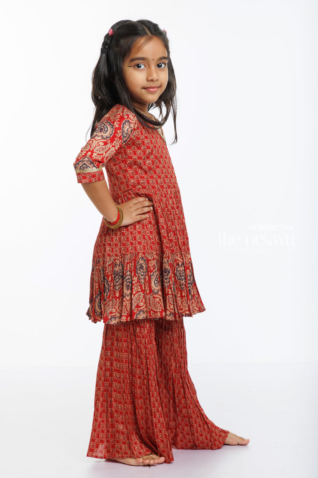 The Nesavu Girls Sharara / Plazo Set Regal Red Ethnic Gharara Set for Girls - Traditional Elegance Redefined Nesavu Girls' Ethnic Gharara Sets in Red | Shop the Latest in Traditional Kids' Fashion | The Nesavu