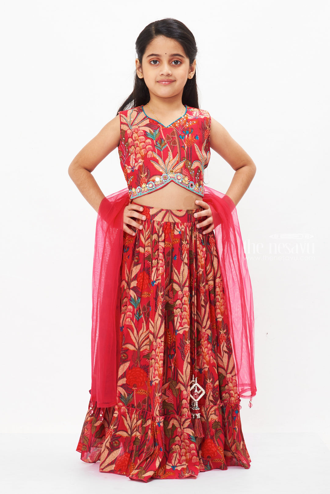 The Nesavu Girls Lehenga Choli Regal Red Ghagra Choli with Botanical Prints - Perfect for Eid Festivities and Occasions Nesavu 24 (5Y) / Red / Viscose Georgette GL429A-24 Shop Red Botanical Print Ghagra Choli for Eid | Traditional Ethnic Wear | The Nesavu